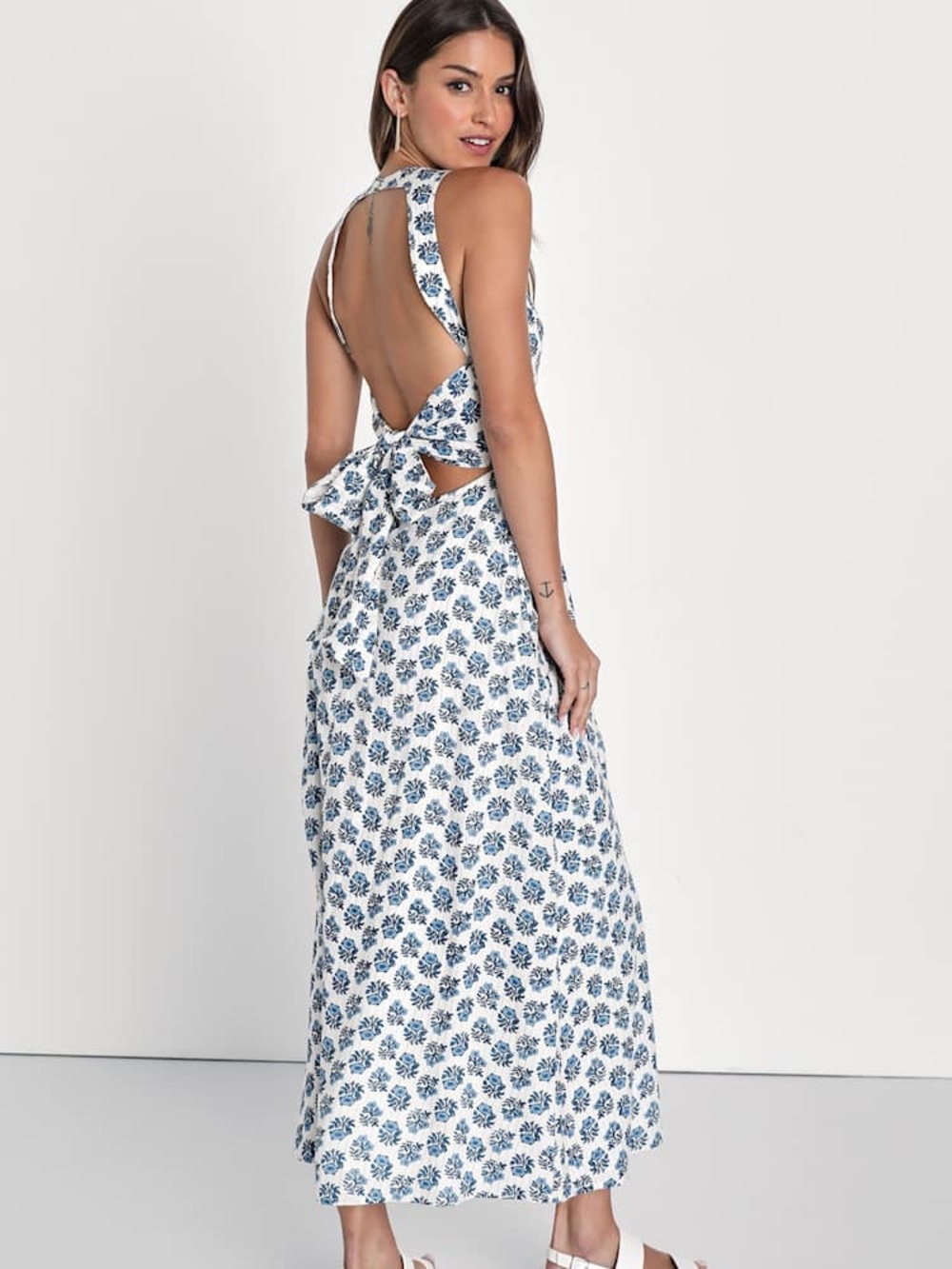 Lulus Flirty Fave Ivory Floral Tie-Back Midi Dress